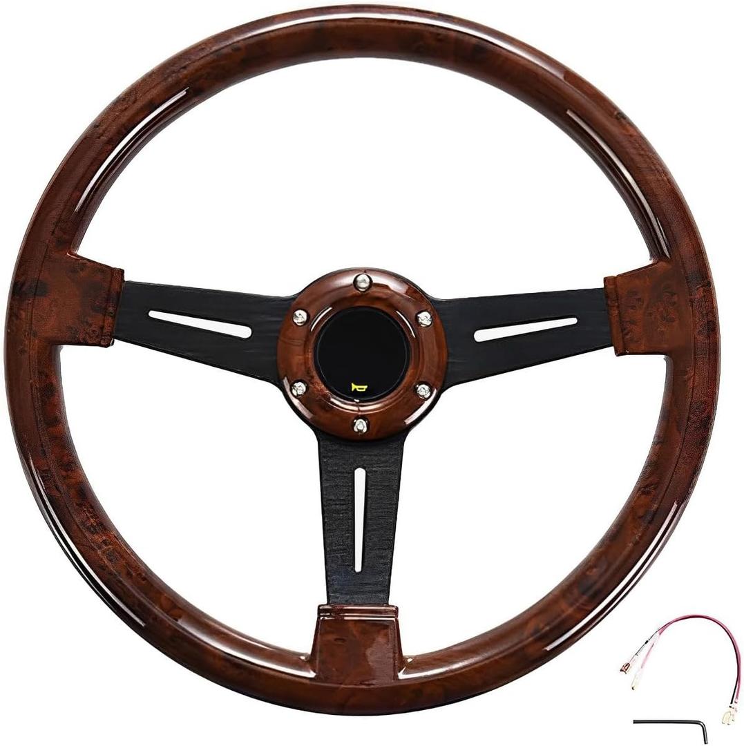 14" Classic Wood Grain Steering Wheel Riveted Light Wood Grip, Universal Automotive Steering Wheels Slotted 3 Spoke with Horn Button, 350mm 14inch Black