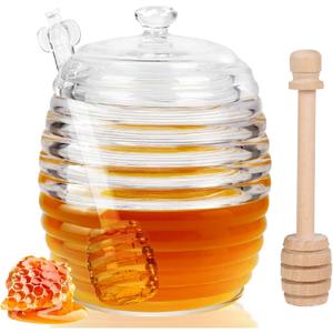 Loscarol Honey Jar with Dipper and Lid, 8 oz Glass Honey Pot Dispenser with 2 Dippers Sticks Set, Honey Containers for Kitchen, Home, Syrup Storage (Transparent)
