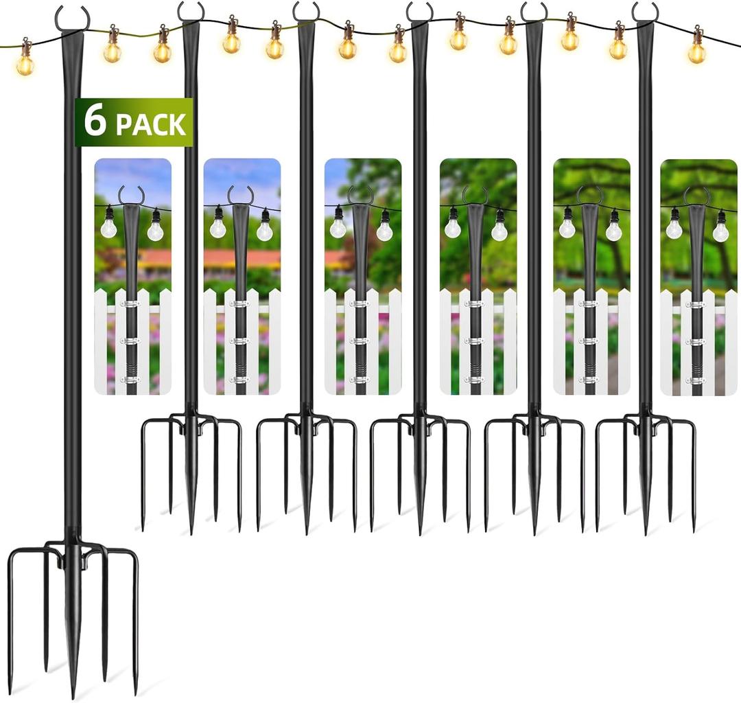 6 Pack String Light Poles for Outside, 10ft Metal Outdoor String Light Poles for Deck - Ideal for Patio, Garden, Yard, Front Porch Decorations, Black