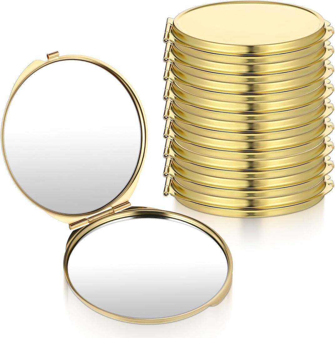 10 Pcs Compact Mirror for Purse, Metal Round Shell Travel Makeup Mirrors Portable Folding Double-Sided 1X 2X Magnification Pocket Mirror for Women Gold
