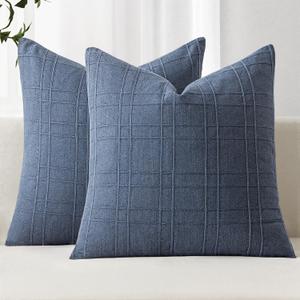 MIULEE Decorative Linen Check Throw Pillow Covers Neutral Farmhouse Vintage Pillow Covers 18x18 Set of 2 Boho Modern Home Decor for Sofa Couch Bedroom Cushion Blue