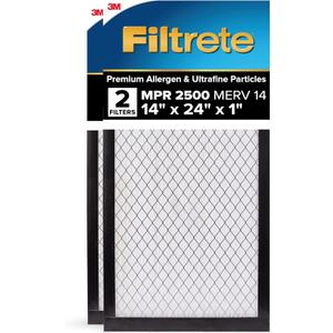 Filtrete 14x24x1 AC Furnace Air Filter, MERV 14, MPR 2500, Premium Ultra Fine Particle, 3-Month Pleated 1-Inch Electrostatic Air Cleaning Filter, 2-Pack (Actual Size 13.81 x 23.81 x 0.81 in)