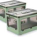 Aimisin Folding Storage Bins, 36 Liters, 2 Pcs Green Plastic Storage Containers with Wheels, Four Doors, Foldable, Stackable, Plastic Box with Lids for Organization, Storage Cart