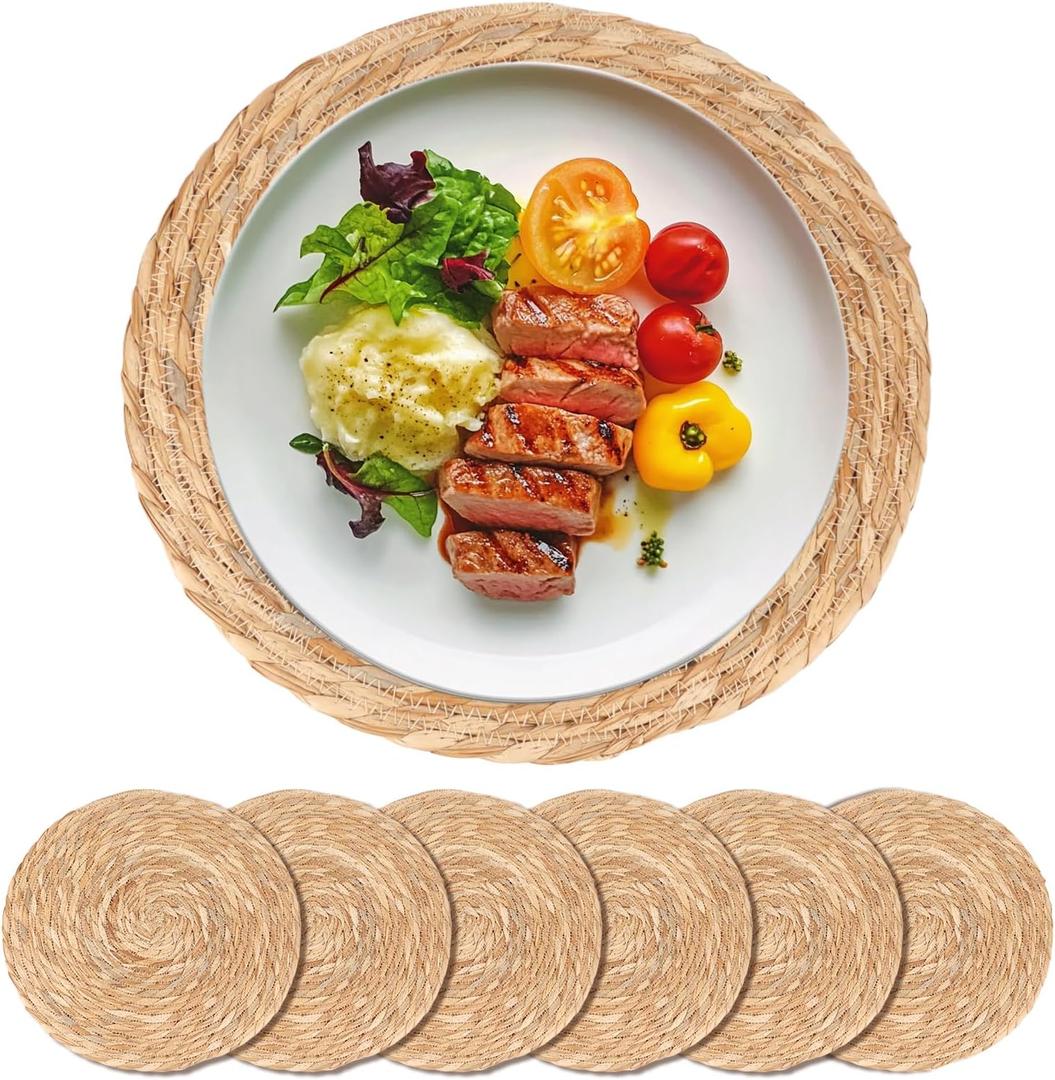 Round Woven Placemats Set of 6-13 Inch Natural Water Hyacinth Place Mats for Dining Table, Boho Farmhouse Kitchen Table Decor, Rustic Braided Table Mats for Daily Use & Holiday Table Setting