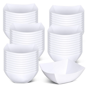 Tanlade 50 Pcs Square Plastic Serving Bowls Disposable Snack Salad Bowl Small Party Candy Bar Containers Taco Bar Serving Dishes for Buffet Chips Fruit(12 oz,White)