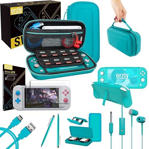 Orzly Switch Lite Accessories Bundle  Case & Screen Protector for Nintendo Switch Lite Console, USB Cable, Games Holder, Grip Case, Headphones, ThumbGrip Pack & More (Gift Pack  Turquoise Blue)