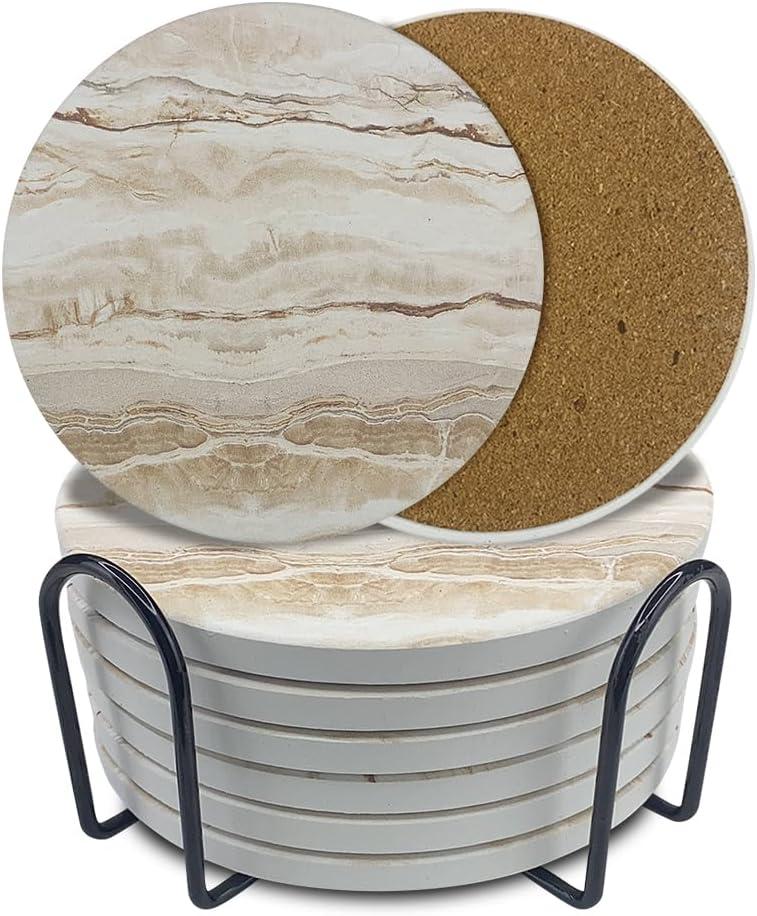 Ceramic Coasters Set of 6, Marble-Textured Design with Holder - Absorbent Cork-Backed Coasters for Cups, Bar & Coffee Table Decor Accessories (Khaki Marble-Thin, 6 Pack-Thin)