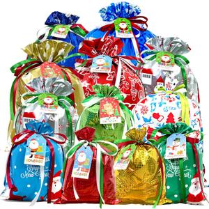 38PCS Christmas Drawstring Gift Bags Assorted Size Small Medium Large, Holiday Xmas Presents Wrapping Bags with Tags