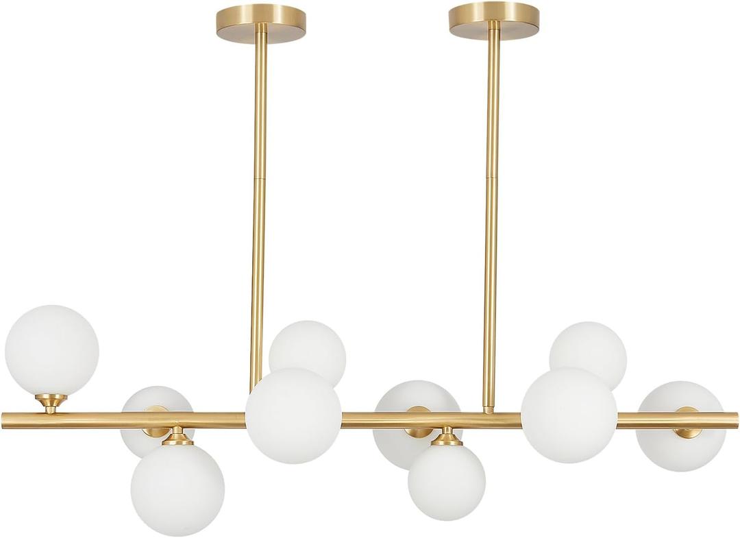 BOKT Modern Gold Globe Sputnik Chandelier Mid Century Brass Linear 10-Lights Frosted White Glass Ball Pendant Light Ceiling Lamp Dining Fixture Over Table (BP1119)