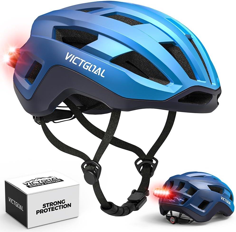 VICTGOAL Road Bike Helmet Adult Men Women with Detachable Magnetic Rear Light, Bicycle Helmet Adjustable Breathable Road Cycling Helmet for Road Mountain Riding (L: 57-61 cm, MetalBlue)