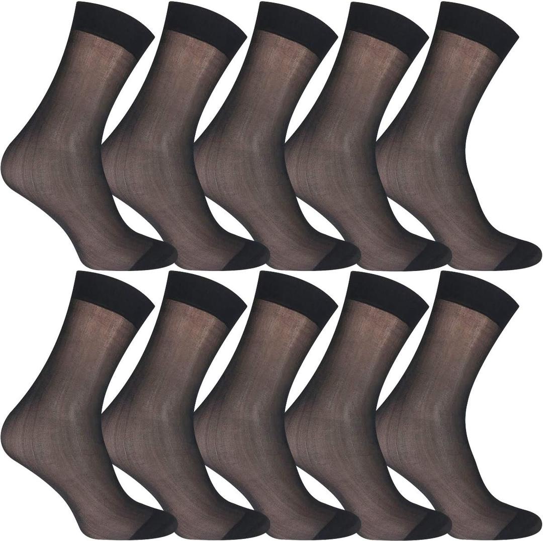 Uaussi 10 Pairs Mens Ultra Thin Dress Socks Silk Sheer Business Socks Soft Nylon Work Trouser Sox Mid Calf (One Size, Plain Black)