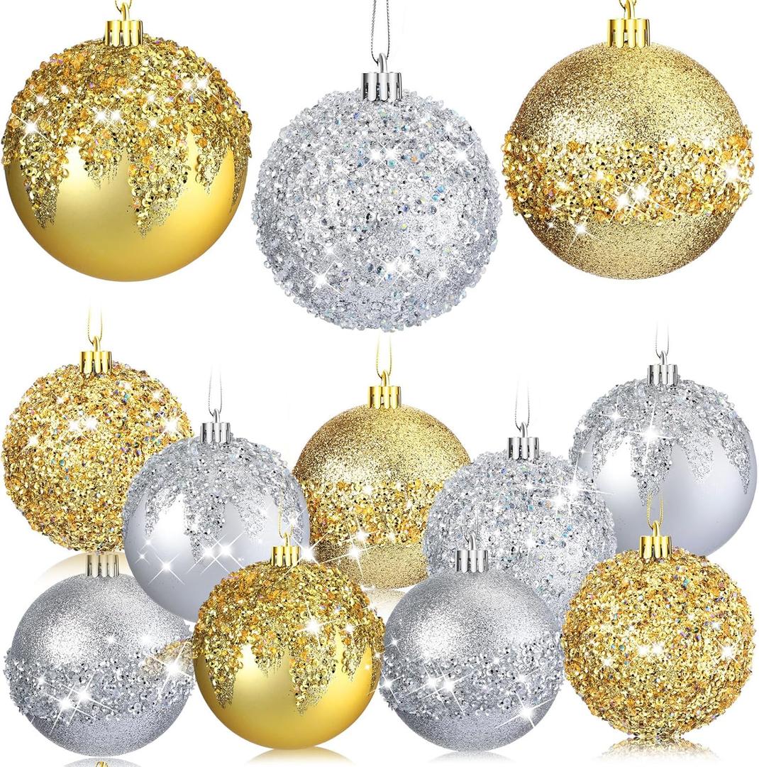 Syhood 12 Pieces Glitter Christmas Ball Ornaments Rhinestone Sequin Christmas Decorations Hanging Plastic Balls for Xmas Trees Wedding Party Holiday Decorations(3.15 Inch,Gold Silver)