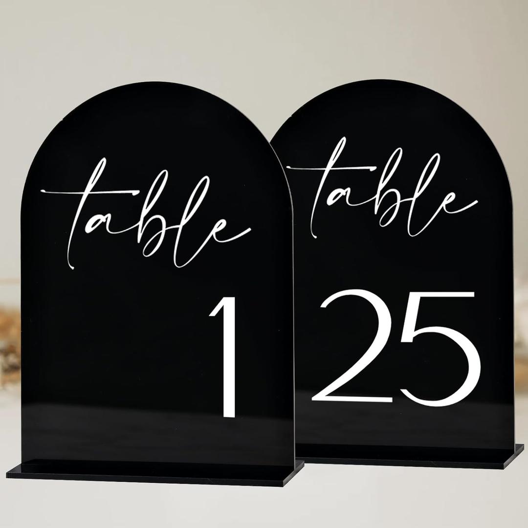 Black Arch Acrylic Table Numbers with Stands 1-25, 5x7" Black Arched Acrylic Sign and Base, Arch Table Numbers for Wedding Reception
