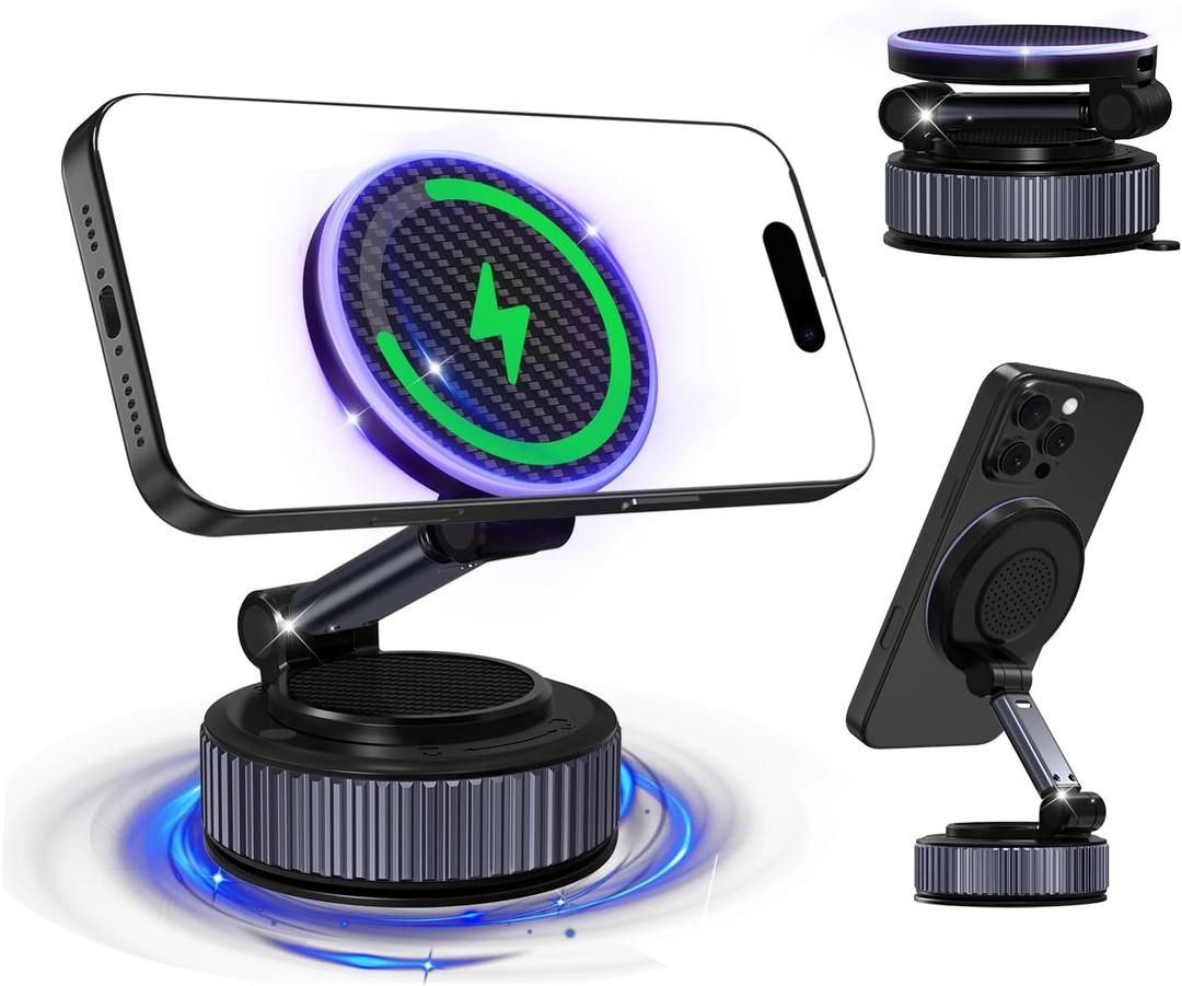 Magnetic Phone Charging Holder for Car - Upgraded 360 Vacuum Magnetic Phone Holder, Foldable Retractable Suction Cup Car Phone Mount for Magsafe for Your Car/Gym/Mirror Mount for iPhone & Android (Black)
