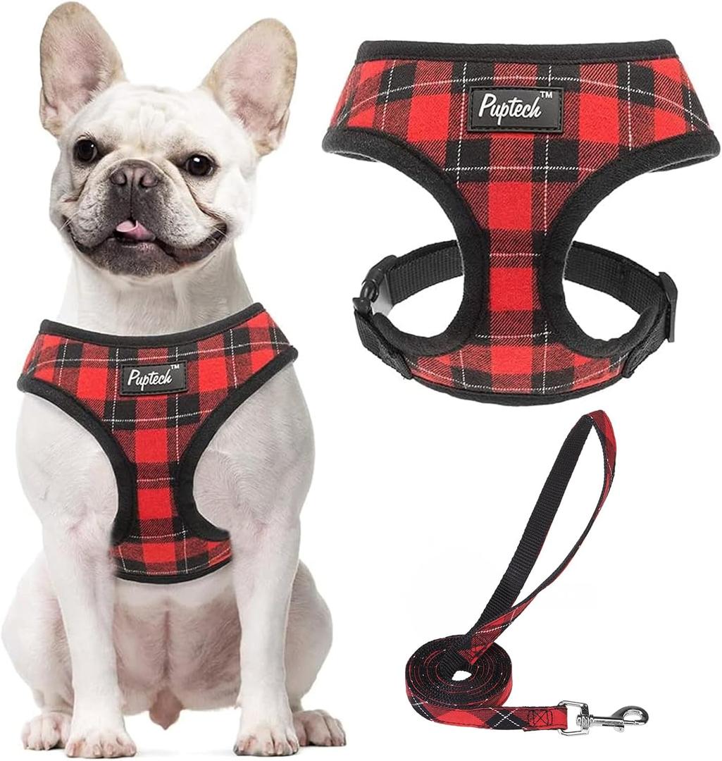PUPTECK Soft Mesh Dog Harness and Leash Set Pet Puppy Cat Comfort Padded Vest No Pull Harnesses, Red&Black, L (L (NECK: 17", CHEST: 18.8"-24"))