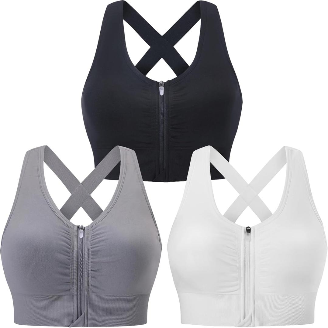 Evercute Zip Front Post-Surgery Bra Women's Wireless Sports Bras Padded Strappy Medium Support Yoga Exercise Athletic Bras (3X-Large, Black White Gray 3 Pack)