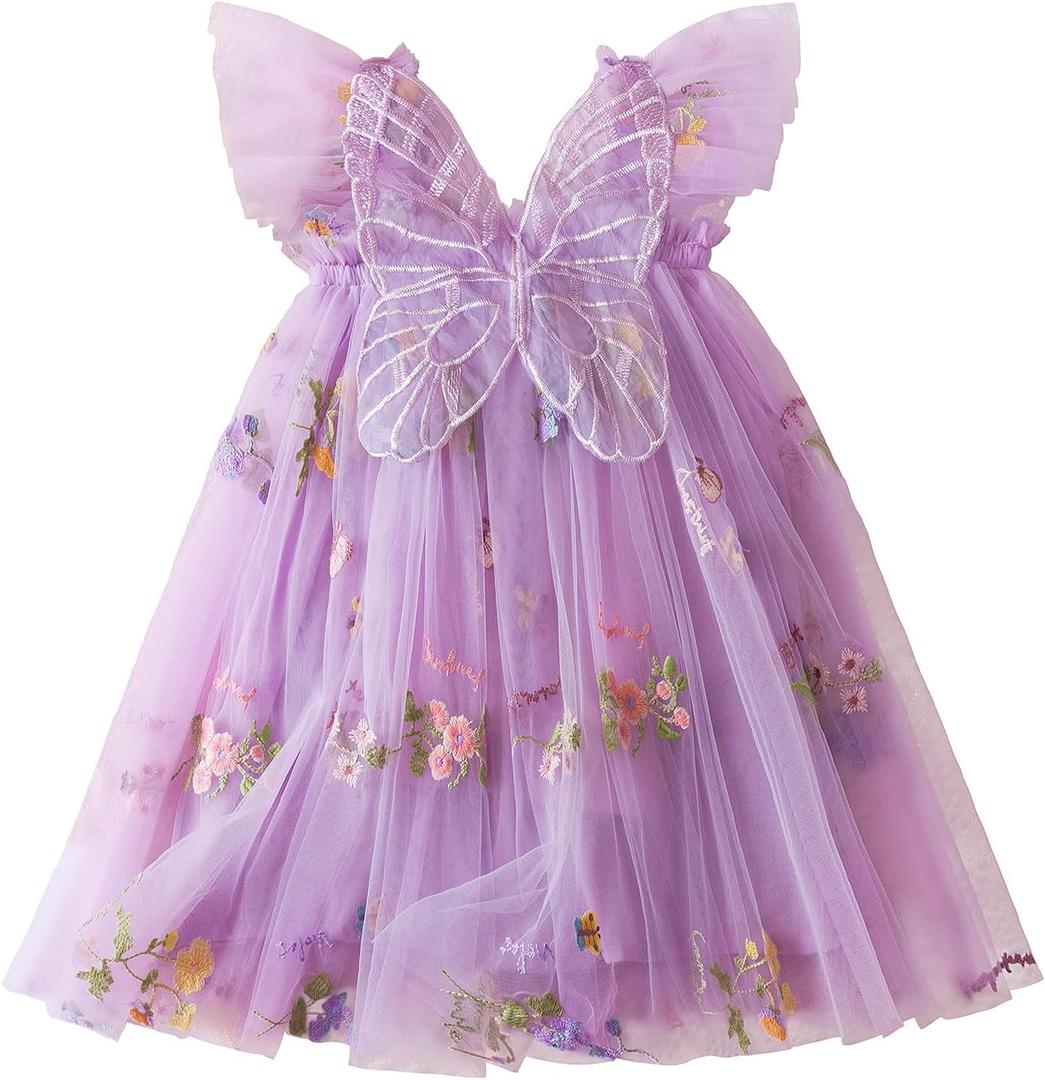 NNJXD Baby Girl Flower Embroidery Tulle Dress Butterfly Toddler Birthday Party Dresses 2109 Purple Size(120) 4-5 Years