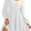 Florboom Women's Multi-Layered Hem Dress Square Neck Lantern Long Sleeve A-Line Smocked Waist Mini Dresses (White, S)