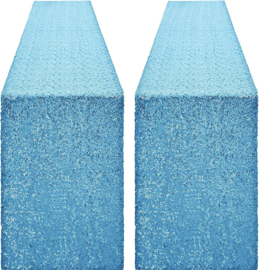 2 Packs 12 x 72 inches Blue Sequin Table Runner, Glitter Runner for Birthday Party Supplies Decorations Wedding Bachelorette Holiday Celebration Bridal Shower Baby Shower