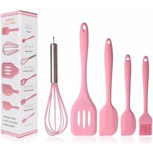 ADBI's Spatulas Silicone Heat Resistant - Kitchen Utensil Set - Cooking tools, whisk, brush. Gift For Woman and Men (Pink)