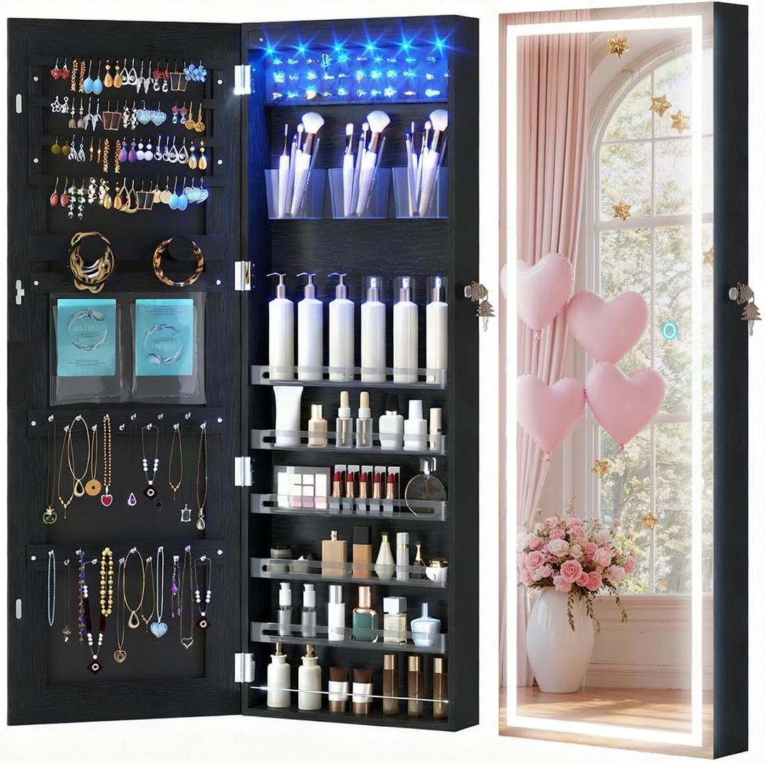 LVSOMT LED Mirror Jewelry Cabinet Door Hanging, Wall Mounted Jewelry Mirror Organizer Full Length, Lockable Jewelry Armoire, Large Capacity, for Small Space Bedroom, Gift for Women, Black