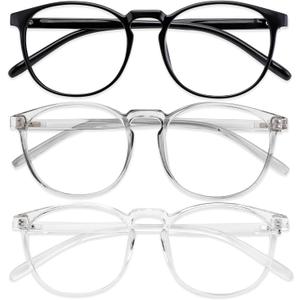Przene 3 Pack Blue Light Blocking Glasses Women/Men, Retro Round Computer Glasses Anti Eye Strain/UV/Glare, Gaming Glasses. (Black/Crystal/Grey)