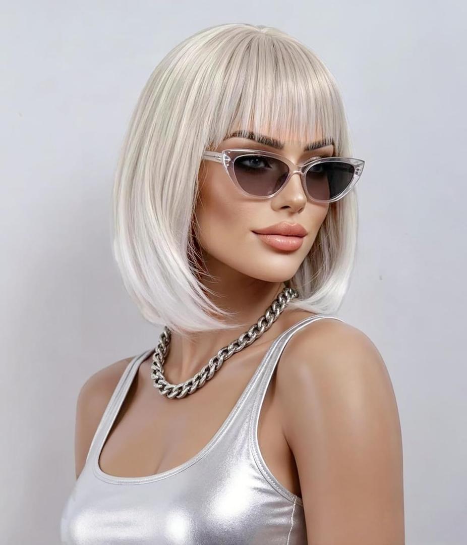 Rugelyss Creamy Champaign White Short Platinum Bob Wig with Bangs Ombre to Blonde Hair Synthetic Heat Resistant 12 Inch Wigs for Women