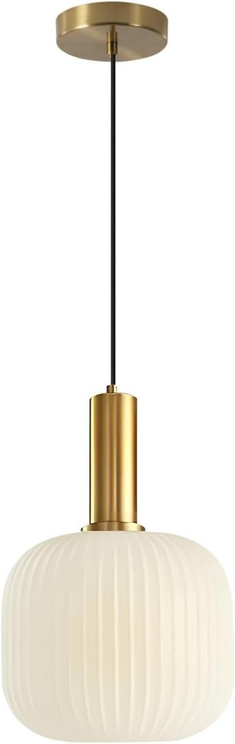 KCO Lighting Milk Glass Pendant Light White Ribbed Glass Pendant Lighting Antique Brass Pendant Lights Small White and Gold Pendant Light Fixture Modern Globe Hanging Lamp
