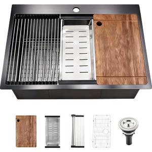 33 x 22" Black Stainless Steel Workstation Kitchen Sink, Large Single Bowl Drop-In Undermount Farmhouse Sink (3018) (Black, 3322), 33*22in