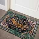 Oriental Tropical Entryway Rugs Washable, Thin Black Boho Vintage Distressed Hippie 2x3 Throw Rugs for Bathroom Kitchen Indoor Doormat Non-Slip Abstract Botanical Tribal Indian Accent Carpet