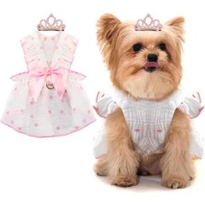 Dog Dresses for Small Dogs Girl, Puppy Dress Heart Print Cat Dress Summer Clothes Bow Skirt with Crown Hair Clip, Small Dog Dresses Female Cat Apparel Holiday Pet Outfit for Birthday Wedding