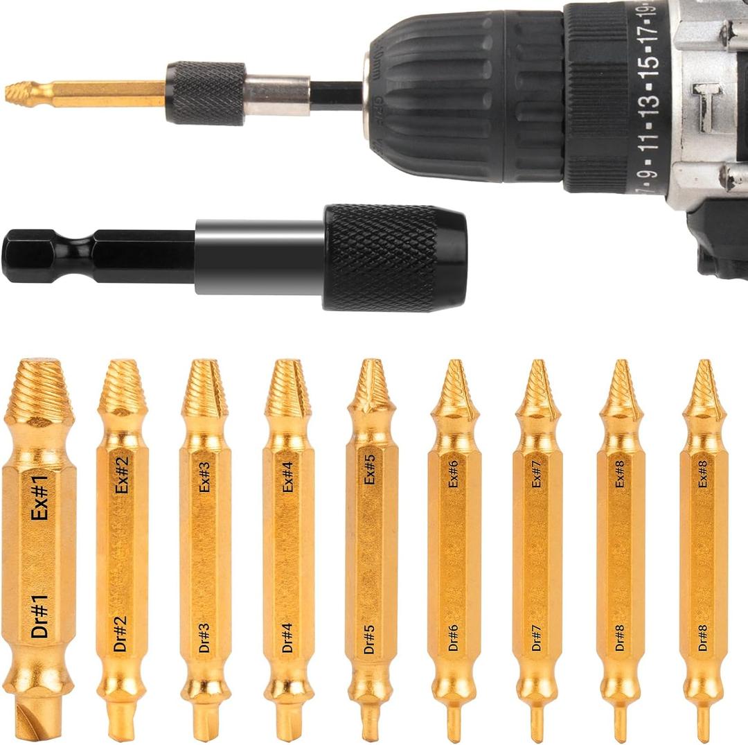 Damaged Screw Extractor Set, Gifts for Men, CLEVEROOL 10 PCS HSS 6542 Screw Extractor Remover Kit for Easy Removal of Stripped, Rusty, Broken Hardware (Gold)