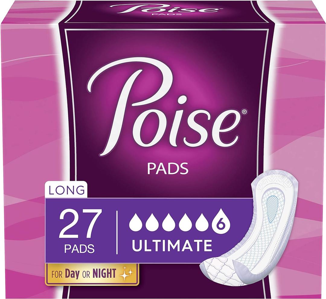 Poise Incontinence Pads for Women, Ultimate Absorbency, Long, Original Design, 108 Count (4 Packs of 27)