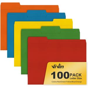 ViVin File Folder, 100 Pack Colored File Folders with 1/3-Cut Tabs, Fits 8.5 * 11 Letter Size Paper, Manilla Folders for Home Office School Documents(Assorted)