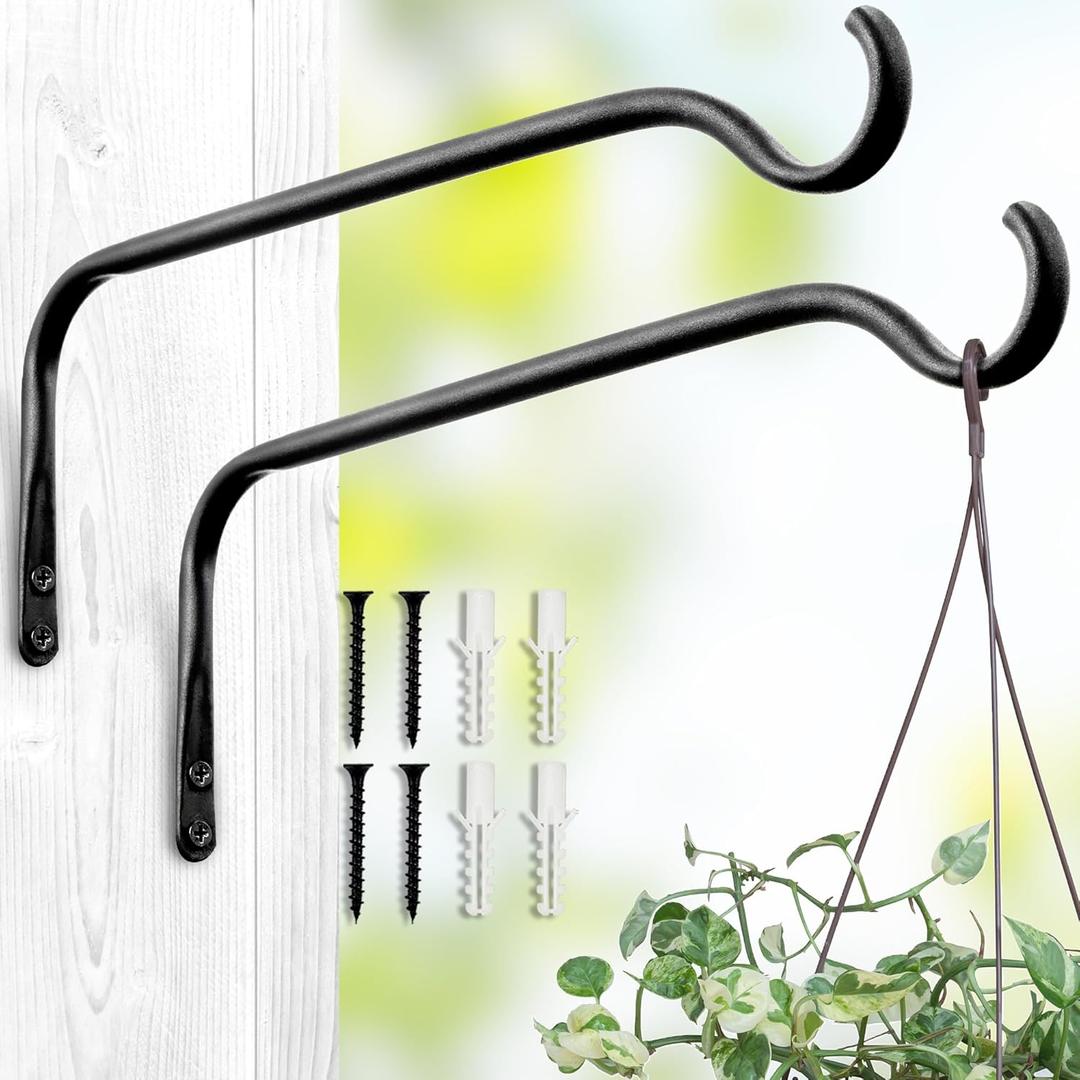 Durable Plant Hangers Brackets: 2 Pack 12 Inch Outdoor Metal Hanging Plant Brackets - Rustproof Wall Hooks for Hanging Flower Basket Bird Feeders Wind Chimes and Lanterns