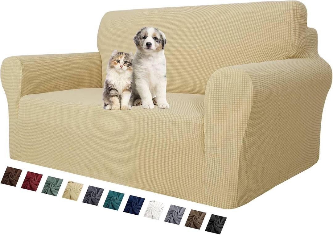 MAXIJIN Stretch Loveseat Sofa Slipcovers 1 Piece Love Seat Couch Covers for 2 Cushion Couch Non Slip Sofa Cover Washable Dog Cat Proof Furniture Protector Pet Friendly (Loveseat, Beige) (Medium (55"-69")