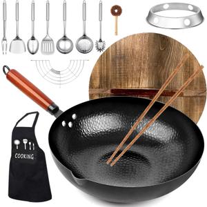 Carbon Steel Wok Pan, 14 Piece Woks & Stir-Fry Pans Set with Wooden Lid Cookwares, No Chemical Coated Flat Bottom Chinese Pan for Induction, Electric, Gas, Halogen All Stoves - 12.6''