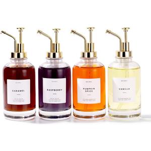 Molimoli Coffee Syrup Dispenser for Coffee Bar, Coffee Pump Dispenser, Glass Syrup Bottle w/ Pump, Maple/Coffee Syrup Bottles, Set of 4 w. Labels, Gold