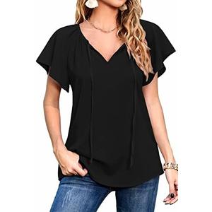 Neineiwu Women's Summer Casual Boho Floral Printed V Neck Chiffon Tops Drawstring Short Sleeve Blouses Shirt Size Medium