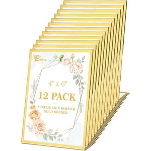 EHWINE 12 Pack Acrylic Sign Holder 4 x 6, Gold Picture Frame Stand up Table Top Sign Holders, Slanted Back Paper Holder Clear Display Stand Menu Flyer Holder for Wedding Party