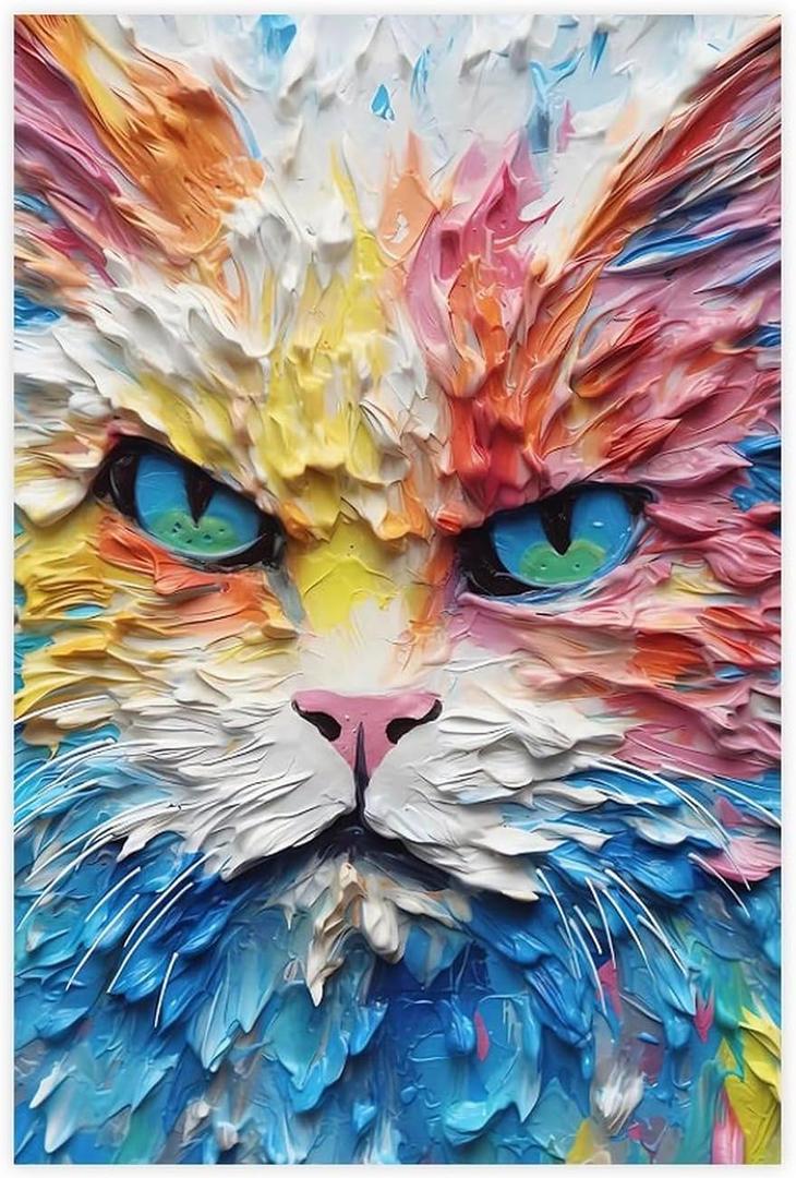 Fyzuf Cat Wall Art Oil Painting On Canvas Poster Cute Cat Cubism Colorful Cute Cats Aesthetic Room Decor Bedroom Bathroom Unframe-style12x18inch(30x45cm)
