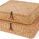 Moosky Flat Wicker Shelf Baskets with Lid, Seagrass Woven Basket Boxes for Storage Basket Bins Multipurpose Home Decor Organizer (Natural Set of 2)