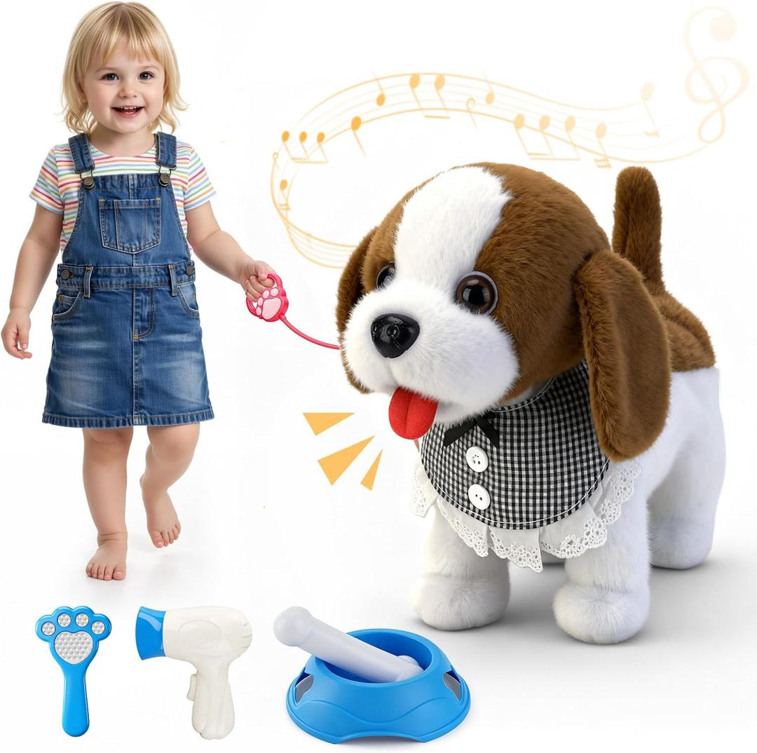 Talkfun Interactive Plush Puppy Toys for 1,2,3 Year Old Boy Girl Gifts, Musical Walking Dog with Leash, Realistic Pet Play Toy for Toddlers 13 Age, Soft Stuffed Electronic Puppy with Accessories (Brown & White)