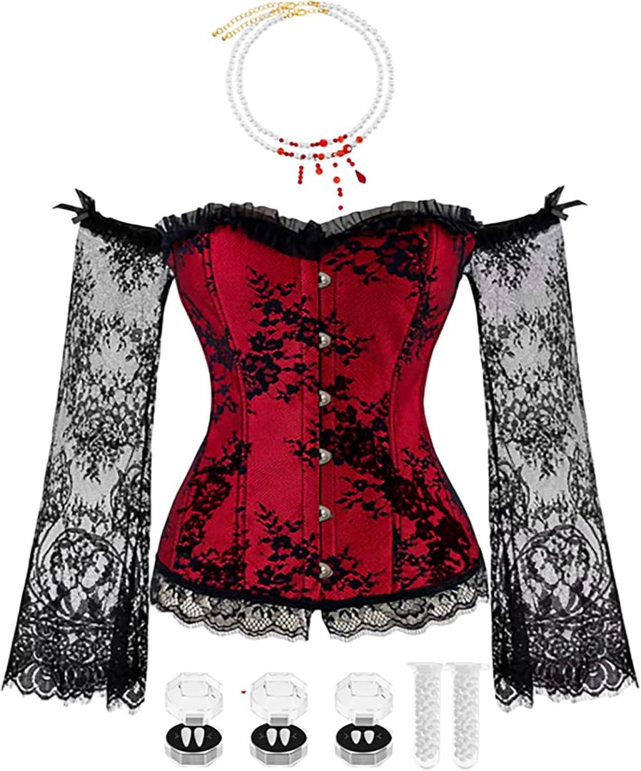 6pcs Halloween Women Vampire Corset Costume Set Gothic Corset Top Necklace Fangs for Renaissance Halloween Cosplay Events (M)