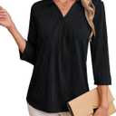 Womens 3 4 Sleeve Blouse Long Sleeve Business Casual Tunic Tops V Neck Work Tops Textured Dressy Casual Shirts (White, L)