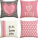 AVOIN colorlife Valentine's Day I Love You Throw Pillow Covers, 20 x 20 Inch Pink Valentine Heart Stripes p.s. Love You Wedding Cushion Case Decoration for Sofa Couch Set of 4