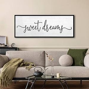 Sweet Dreams Wall Decor Above Bed: 40x15 Inch Framed Canvas Bedroom Wall Art, Farmhouse Bedroom Sign Rustic Hanging Plaque for Master/Guest Room Modern Home Decor