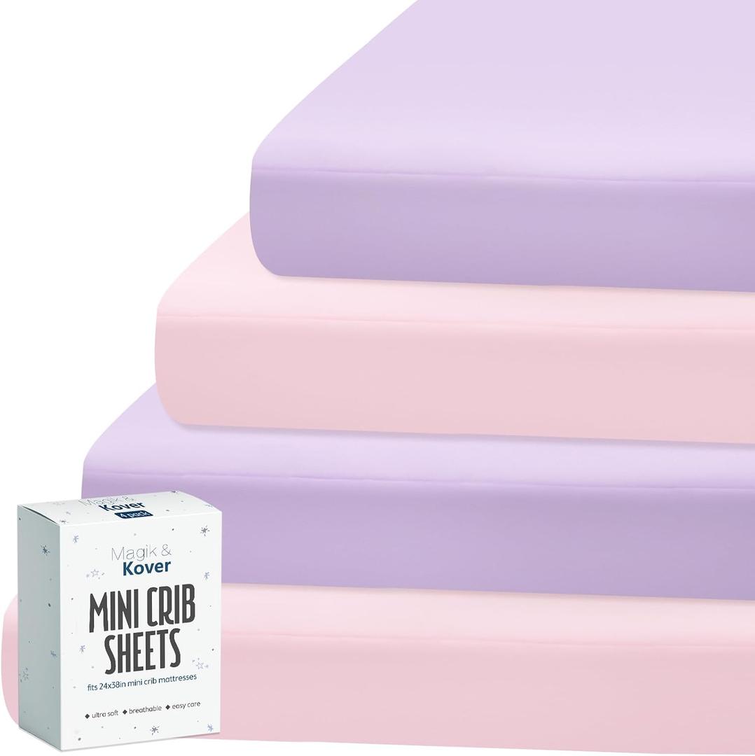 Magik & Kover Mini Crib Sheets Girl 4 Pack, Baby Crib Sheet for Mini Crib Mattress and Playard Mattress, Soft Breathable Fitted Baby Crib Sheets Set for Girls, Pink & Violet