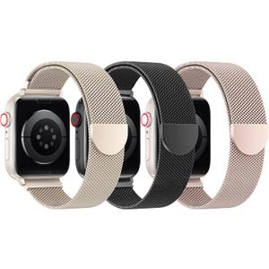 BELONGME 3 Pack Mesh Loop Compatible with Apple Watch Bands for Women Men 40mm 41mm 38mm 42mm 44mm 45mm 49mm 46mm Series 11 10 9 8 7 6 5 4 Ultra3 SE3 2, Stainless Steel Metal Magnetic Strap for iWatch (Starlight+Black+Rose Gold)