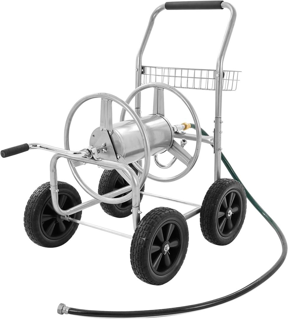 VEVOR Hose Reel Cart, Hold Up to 300 ft of 5/8 Hose, Garden Water Hose Carts Mobile Tools with 4 Wheels, Heavy Duty Powder-Coated Steel Outdoor Planting with Storage Basket, for Garden, Yard, Lawn